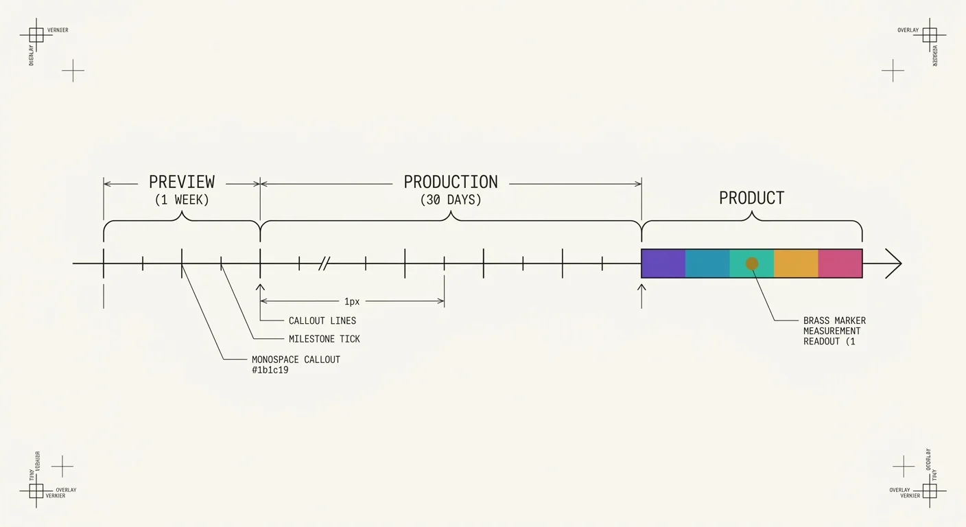 Phased timeline blueprint: preview at one week, production at thirty days, then product