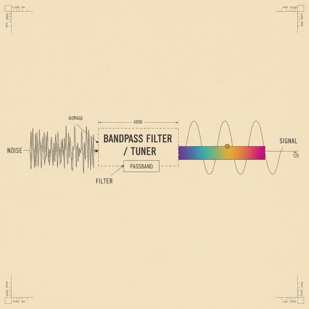Blueprint: a noisy waveform filtered through a tuner into a clean recovered signal