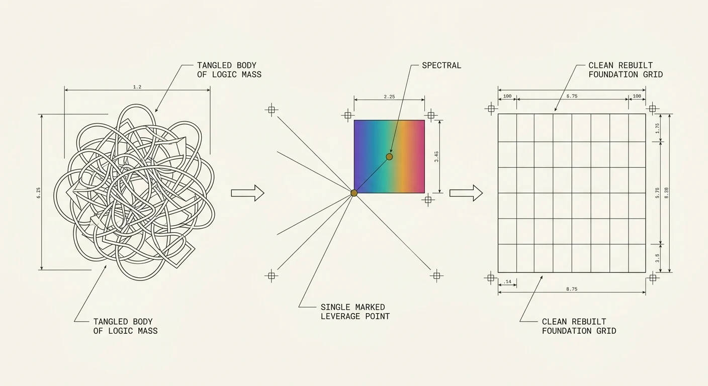 Blueprint of the method: a body of logic narrows to a single leverage point, then a rebuilt foundation